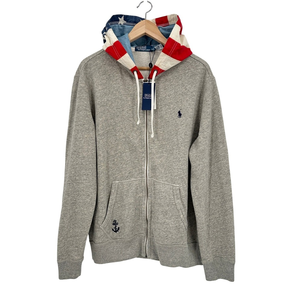 Polo Ralph Lauren Mens Grey American Flag Hood July 4th Zip Up Hoodie Fleece L